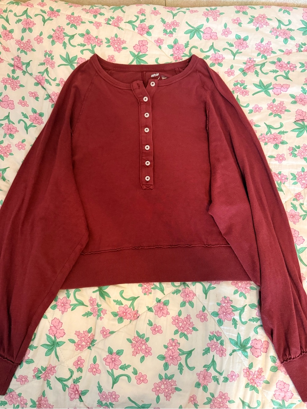 aerie Button-Front Henley Sweatshirt in Burgundy